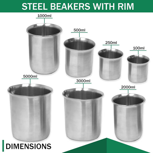 Stainless Steel Beaker with Rim - Low-Form Beakers for Science - Industrial-Grade Chemistry Lab Equipment, High Heat Tolerance - Scientific Labora...