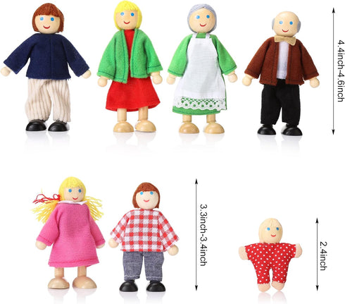 Wooden Dollhouse Family Set of 7, Mini Figures for Pretend Play, Classic Doll House Accessories for Kids & Toddlers...