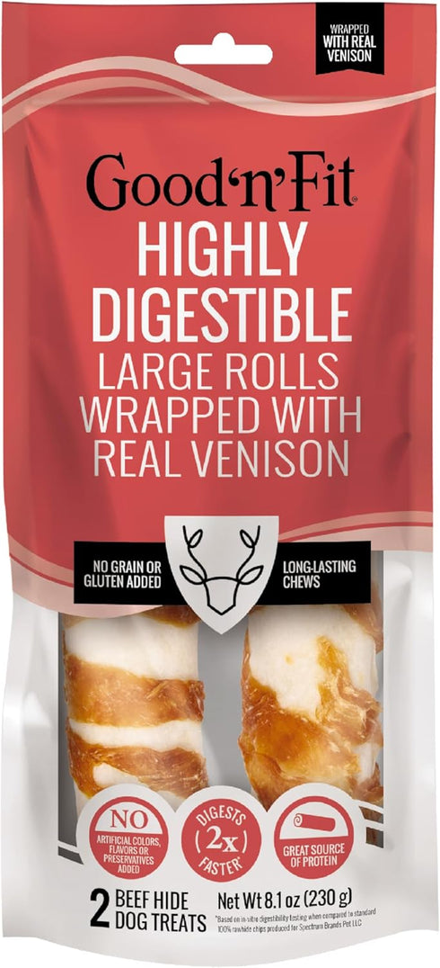 Good ‘n’ Fit Rolls Made with Real Venison, 2 Large Rolls, Treat Your Dog to a Long-Lasting and Highly Digestible Rawhide Chew...