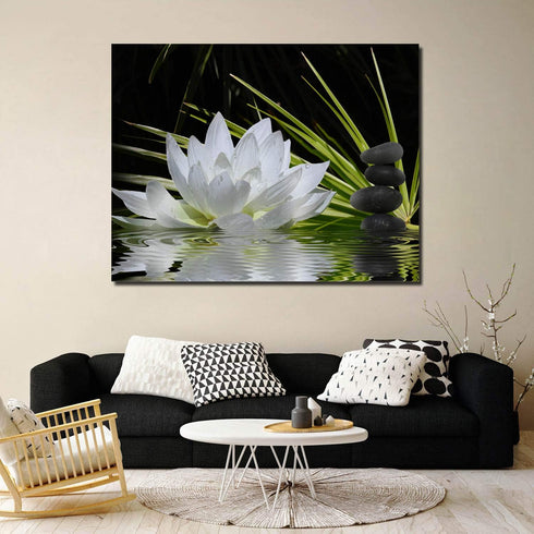 Canvas Wall Art - White Lotus and Black Zen Stones Picture - Modern Wall Decor Gallery Canvas Wraps Giclee Print Stretched and Framed Ready to Han...