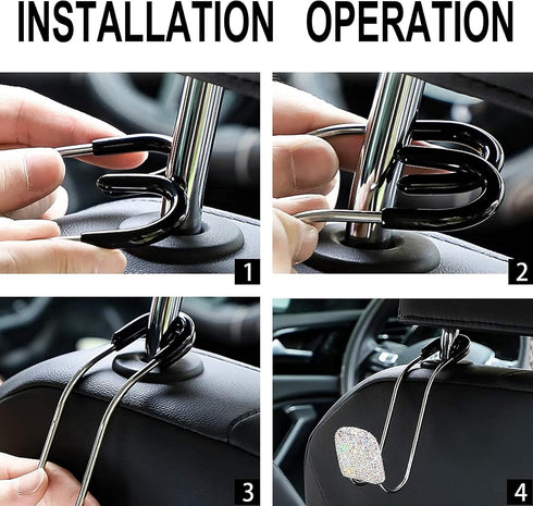 Universal Bling Car Seat Back Hook Headrest Hook Rhinestone Car Purse Accessories Metal Stainless Steel Hook Cute Car Seat Back Storage Hook for C...