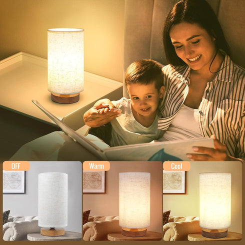 Table Lamp Minimalist Desk Lamp with Wooden Base Simple Nightstand Lamp with Linen Fabric Shade Bedside Lamp for Bedroom Kids Room Living Room Off...