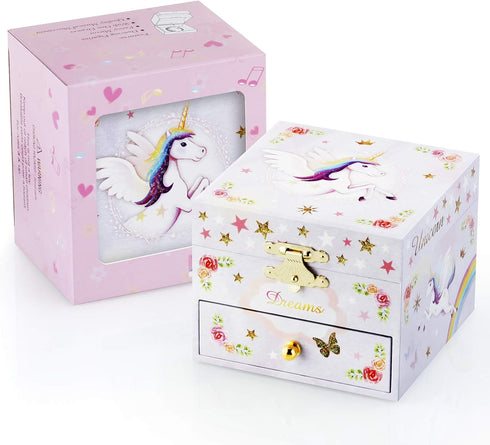 RR ROUND RICH DESIGN Kids Musical Jewelry Box for Girls with Drawer and Jewelry Set with Brave Unicorn - Beautiful Dream Tune Purple...