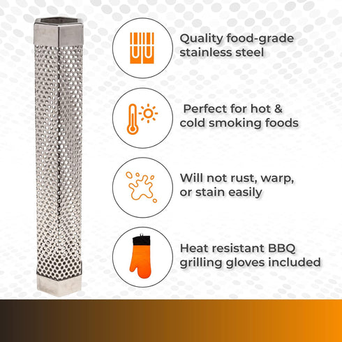 Pellet Smoker Tube & Heat Resistant BBQ Glove | 12 Inch Smoker Box Tube For All Electric, Gas, Charcoal Grills & Smokers | Suitable For Hot & Cold...