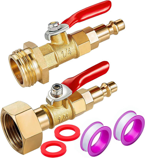 2PCS Brass RV Winterize Blowout Adapter, 1/4 Inch Male Quick Connecting Plug &3/4 inch Male GHT Thread &1/4 Inch Ball Valve with 2 Pcs Washers for...