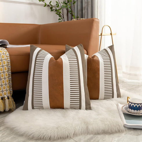 Pack of 2 Farmhouse Decorative Throw Pillow Covers 18x18 Modern Faux Leather Accent Cushion Cover,Rustic Stripe Pillowcase for Living Room Sofa Be...