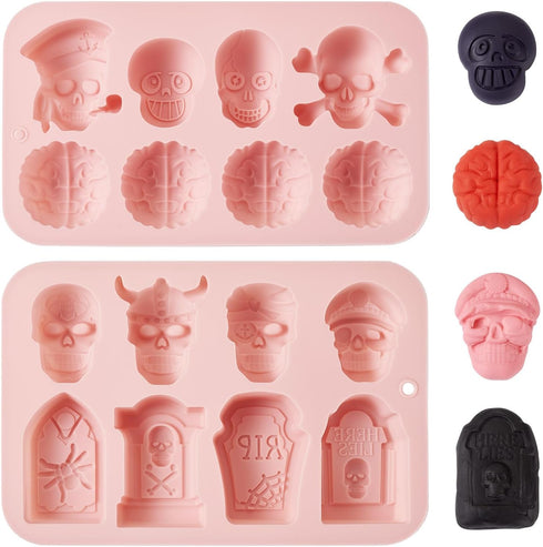 2Pcs Halloween Silicone Mold Skull Tomb Brain Fondant Molds for Halloween Party Gummy Jello Candy Chocolate Baking Cake Decoration UV Epoxy Resin ...