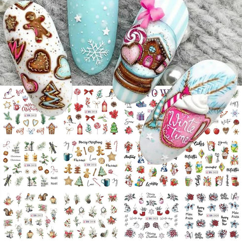 SINSEN Christmas Nail Art Stickers, Winter Nail Decals Water Transfer Xmas Nail Art Supplies Colorful Gingerbread Man Wreath Bell Merry Christmas ...