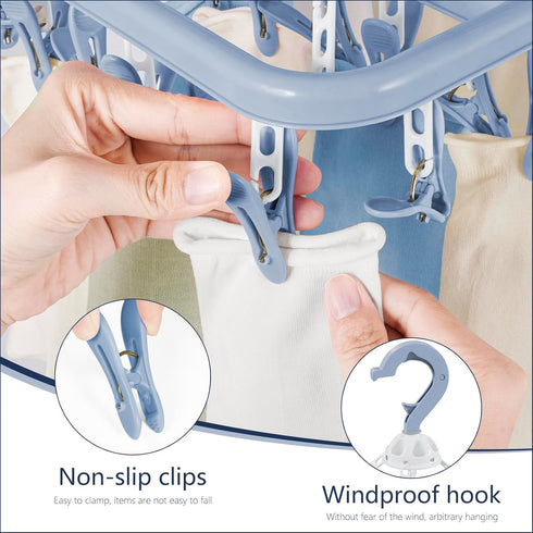 Aolloa Clothes Drying Rack with 32 Clothespins, Bule Foldable Hanging Drying Racks, 360° Rotatable Hook for Drying Towels Bras Baby Clothes Gloves...