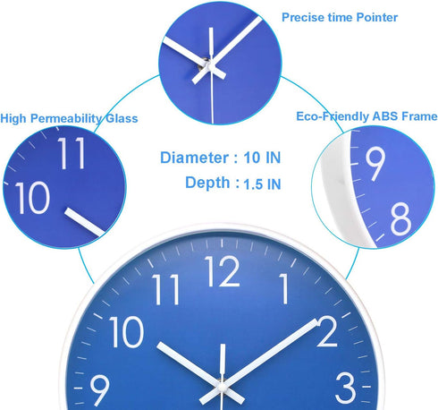 Wall Clock Battery Operated Indoor Non-Ticking Silent Quartz Quiet Sweep Movement Wall Clock for Office, Bathroom, Living Room Decorative 10 Inch ...
