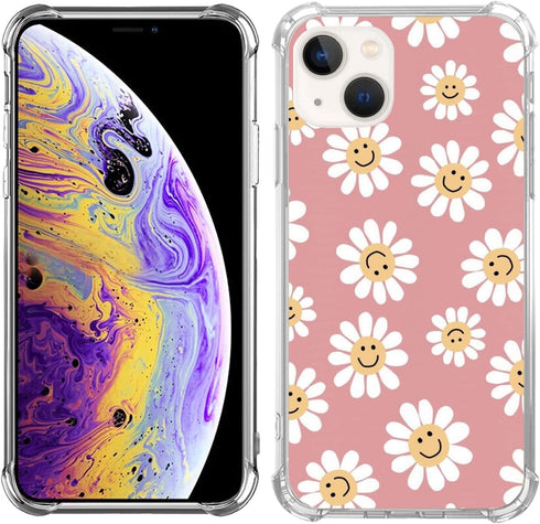 Indie Smile Face Flower Daisy Power Phone Case Compatible with iPhone 13, Hippie Retro 90s Pink Aesthetic Case for Girls Boys Women Men, Unique Tr...
