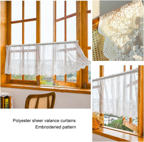 Molaxhome White Lace Valances for Windows 51x16inch, Lace Floral Embroidered Semi Sheer Curtain for Kitchen Cafe Dinning Bath Room 1 Pcs (White)...