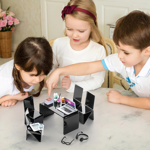 16Pcs Miniature Laptop Computer Tablet Toy Phone Pad and Coffee Juice Doll Accessories Mini Chairs and Table Glasses Headset Drink Playset Girl Sm...