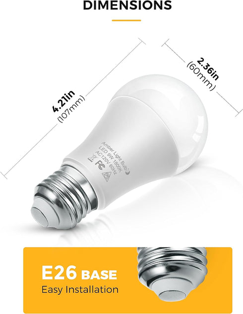 L LOHAS LED Sleep aid Amber Light Bulbs, Blue Light Blocking, A19 9W(60 Watt Equivalent) Dim Light Bulbs, 1800K Warm Light Bulb, E26 Base, 4 Pack...