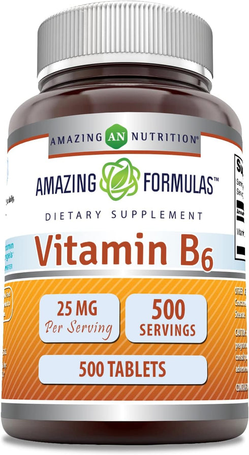 Amazing Formulas Vitamin B6 Pyridoxine 25mg Tablets Supplement | Non GMO | Gluten Free | Made in USA (500 Tablets)...