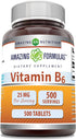 Amazing Formulas Vitamin B6 Pyridoxine 25mg Tablets Supplement | Non GMO | Gluten Free | Made in USA (500 Tablets)...