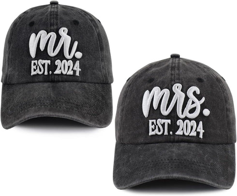 2 PCS Mr and Mrs Est 2024 Hats for Men Women, 3D Embroidered Adjustable Cotton Couples Baseball Cap...