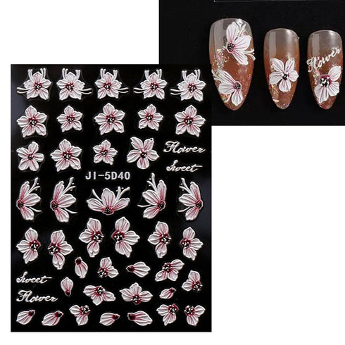 JMEOWIO 3D Embossed Flower Nail Art Stickers Decals Self-Adhesive Pegatinas Uñas 5D Spring Summer Floral Sakura Nail Supplies Nail Art Design Deco...