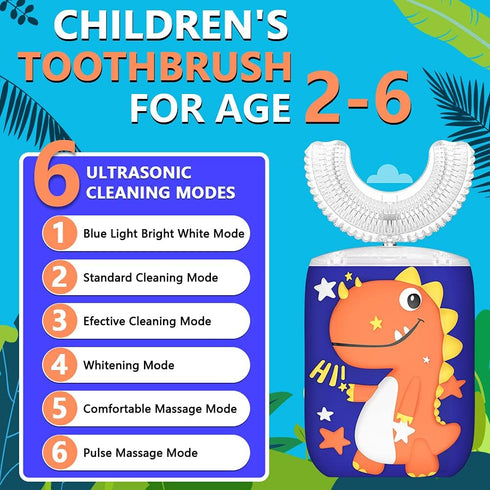 Kids Electric Toothbrush, U Shaped Ultrasonic Automatic Toothbrushes Dinosaur Design with Six Modes Smart Timer Replacement Brush IPX7 Waterproof ...