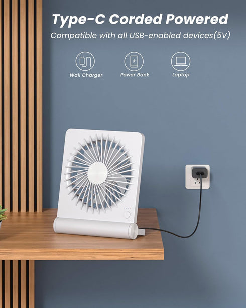 Koonie USB Fan, Strong Wind Ultra Quiet Small Desk Fan 220° Tilt Folding 3 Speeds Adjustable USB-C Powered Personal Fan for Home Office Desktop, W...