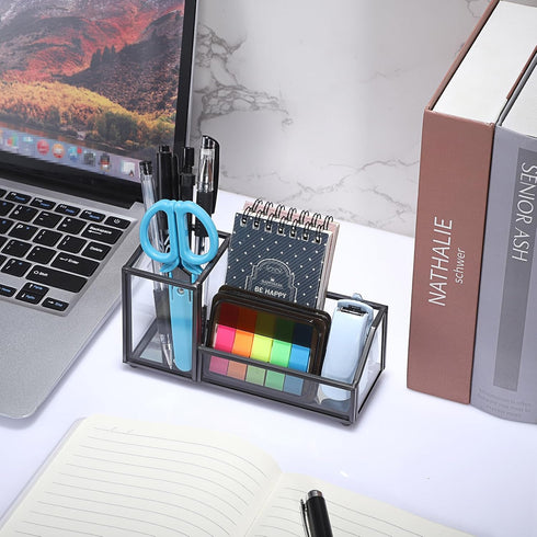 Hipiwe Glass Business Card Holder Metal Pen Pencil Storage Holder for Desk Clear Business Card Display Organizer Case for Office Home,2 Slots,Blac...