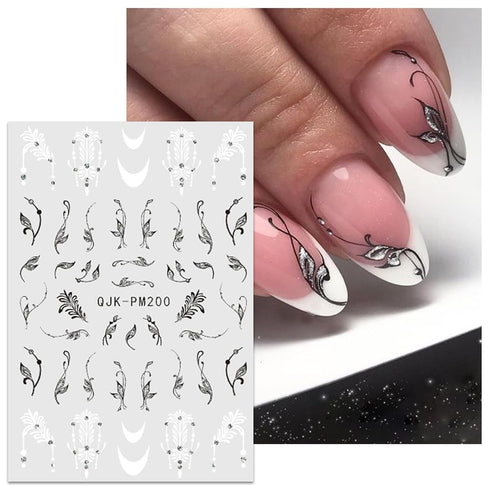 JMEOWIO 10 Sheets Glitter Flower Butterfly Leaves Nail Art Stickers Decals Self-Adhesive Pegatinas Uñas Black White Nail Supplies Nail Art Design ...