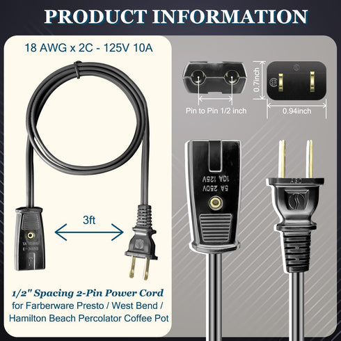 3ft Long 2 Pin 1/2 Inch Spacing Power Cord for West Bend Slow Cooker 84114 84124 Models Electric Cord - Also for Many Rice Cookers and Other Small...