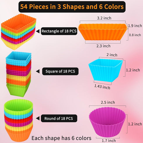 54 pcs Reusable Silicone Cupcake Baking Cups Dulinkas Non-Stick Muffin Liners Molds Sets Bento Box Dividers Pastry Cake Molds 3 Shapes Multicolor ...