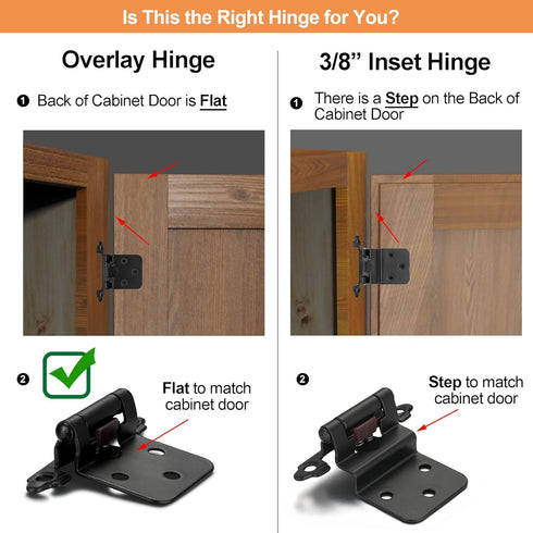 4 Pack (2 Pair) Matte Black Self Closing Cabinet Hinges for Flush Mount Kitchen Cabinet Door, 1/2" Overlay (Variable) Face Frame Semi Concealed Ki...