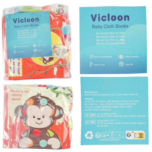 Vicloon Soft Baby Books Toys, Baby Soft Book with Animals and Label, Cloth Book Has 3D Touch and Feel Crinkle, Baby Soft Cloth Book for 0-3 Year O...