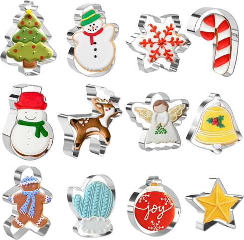 KAISHANE Christmas Cookie Cutter Set,12 Pieces Stainless Steel Biscuit Cutters Shape bells, angels, christmas lights, doe, star christmas tree, so...
