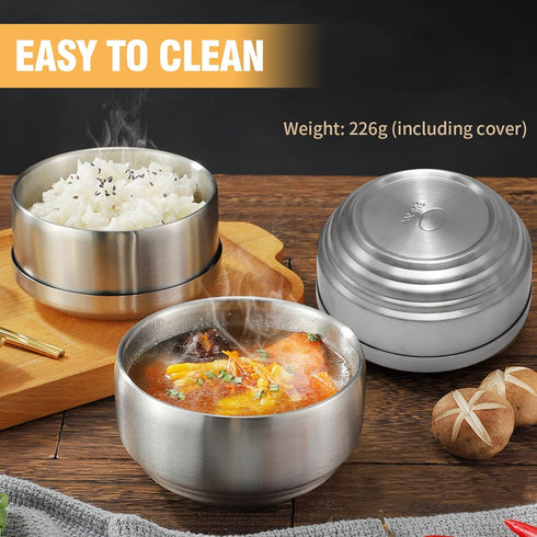 Stainless Steel Rice Bowl with Lid, Set of 2, for Korean Kitchen Restaurant, Double-walled Metal Bowls, Multi-Purpose Insulated Soup Bowls Snacks ...
