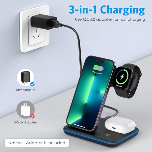 Wireless Charger, Criacr 3 in 1 Wireless Charging Station for Apple iPhone 15/14/13/12/11/Pro/Max/XS/XR/X/8/Plus, iWatch, AirPods 3/2/Pro,Travel C...