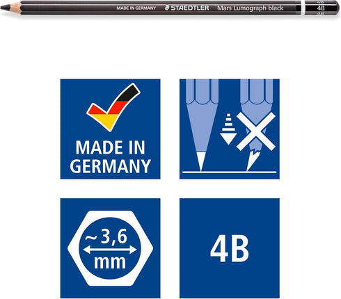 Staedtler Mars Lumograph Black, Carbon Blend Provides Jet Black Lines, Professional Art Pencils, Tin of 6 Assorted Black Sketch Pencils, 100B G6...