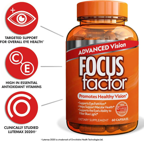 Focus Factor Advanced Vision Formula (60 Count) - Eye Vitamins with Vitamin C, Vitamin E, Lutemax® 2020 - Lutein and Zeaxanthin Supplement for Eye...