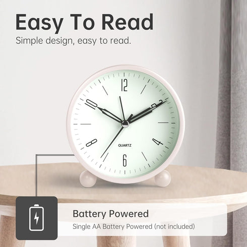 Analog Alarm Clock, 4 inch Super Silent Non Ticking Small Clock with Night Light, Battery Operated, Simple Design, Old Fashioned Style Cream Decor...
