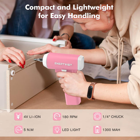 ENERTWIST Pink Electric Cordless Screwdriver, Rechargeable 4V Power Screwdriver with LED Light,12Pcs Accessories for Home Repair...