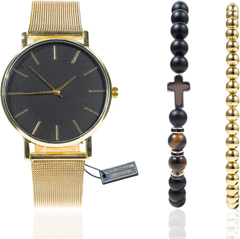 Halukakah Minimalist Stainless Steel Men's Watch - 24k Real Gold Plated/Platinum Plated Silver/Rhodium Plated Black Watch Band,Black Dial.Comes wi...