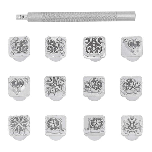 PH PandaHall 12pcs 10mm Zinc Alloy Leathercraft Metal Flower Pattern Stamps Punch Set Tool with 1pc Handle for Leather Craft Belt Bag Craft DIY Je...