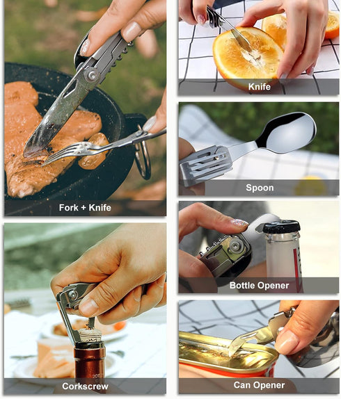 6-in-1 Detachable Camping Utensils Flatware Set - Multi-Function Travel Pocket Cutlery Folding Spoon, Fork, Knife, Wine Bottle Opener Can Opener P...