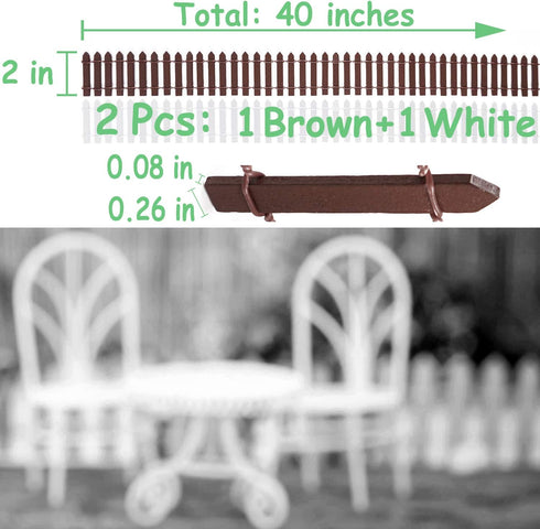 Miniature Fairy Garden Fence, 2 Pcs Mini Fence for Fairy Garden, 40 Inch Fairy Garden Fence and Gate, Brown and White DIY Wood Picket Fence, Mini ...