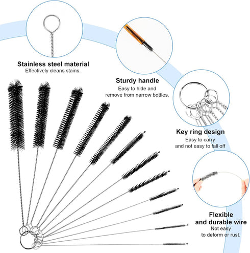 Straw Cleaner Brush 12Pcs Black Straw Brush 8 Inch Pipe Cleaners Scale Brush for Straws Reusable 12 Sizes of Straw Cleaning Brushes Set for Cleane...