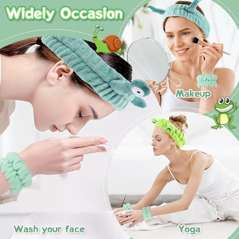 4Pcs Spa Headband for Washing Face Wristband Set for Women Girls Frog Snail Makeup Skincare Facial Shower Coral Fleece Head Wraps Cute Soft Blue G...