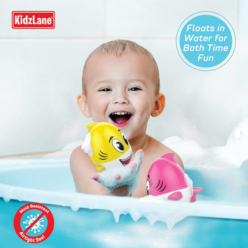 Kidzlane Shark Bath Toy for Babies and Toddlers | 2-Pack Pink and Yellow Bath Toy with Sound Effect | Weeble Wobble Toy for Babies | Shark Toy for...