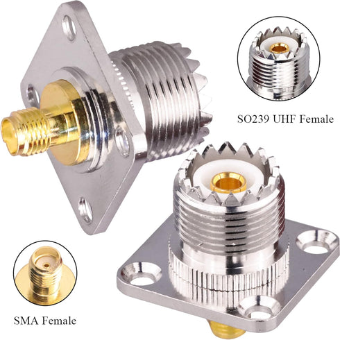 SMA Female to UHF Female Jack Panel Chassis Mount RF Coax Adapter SO239 PL259 UHF to SMA 4-Hole Flange Panel Mount Adapter for Jumper Cable SMA to...