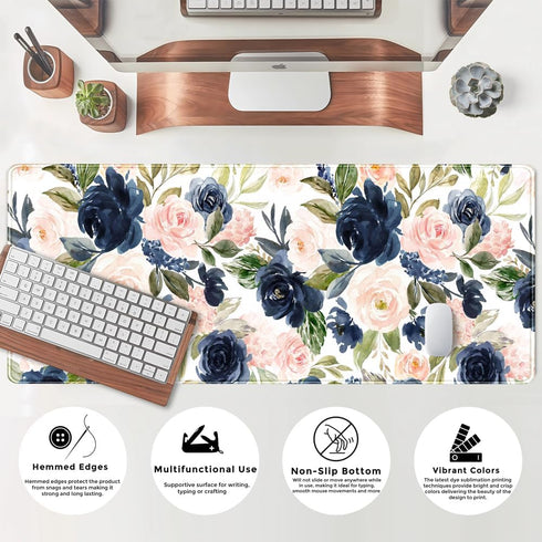 Blue Pink Mouse Pad Ink and Wash Blue Pink Flower Boho Desk Supplies for Women Office Aesthetic Desk Mat Mousepad Desk Pad Keyboard Pad, Non-Slip ...