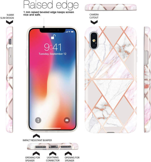 JAHOLAN Compatible iPhone X Case iPhone Xs Shiny Rose Gold Geometric Marble Design Clear Bumper Glossy TPU Soft Rubber Silicone Cover Phone Case -...