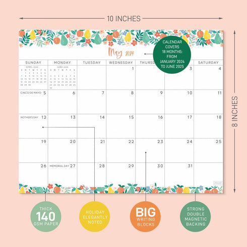 S&O Fruity Magnetic Fridge Calendar from January 2024-June 2025 - Tear-Off Refrigerator Calendar to Track Events & Appointments - 18 Month Magneti...