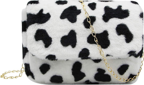 Women Faux Fur Shoulder Bag Fluffy Plush Handbag Leopard Cow Print Clutch Wallet with Chain Strap for Girls Ladies...