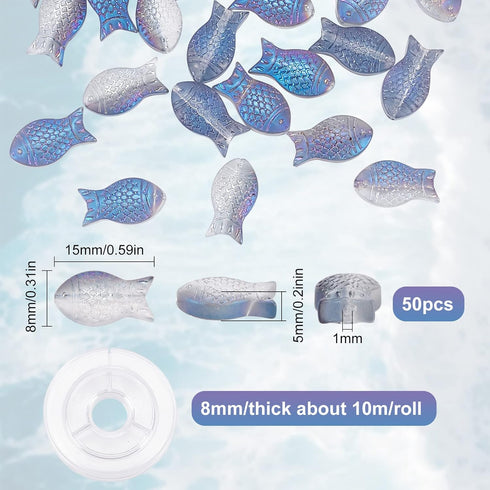 SUNNYCLUE 1 Box 50Pcs Glass Fish Beads Summer Electroplated Glass Bead Half Transparent Carved Frosted Blue Beads for Jewelry Making Ocean Animal ...